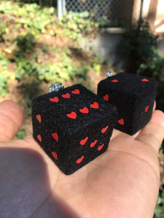 Black Fuzzy Dice With Red Hearts and Chain or Cord / Car