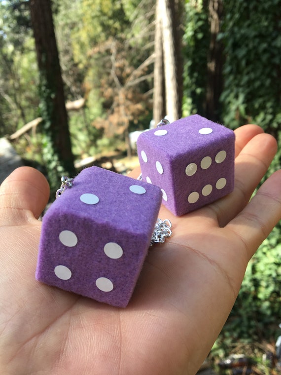 Lilac Fuzzy Dice With White Dots and Chain or Cord / Car Accessories,  Charms, Gift, Novelty, Mirror Danglers, Car Dice, Car Charm 
