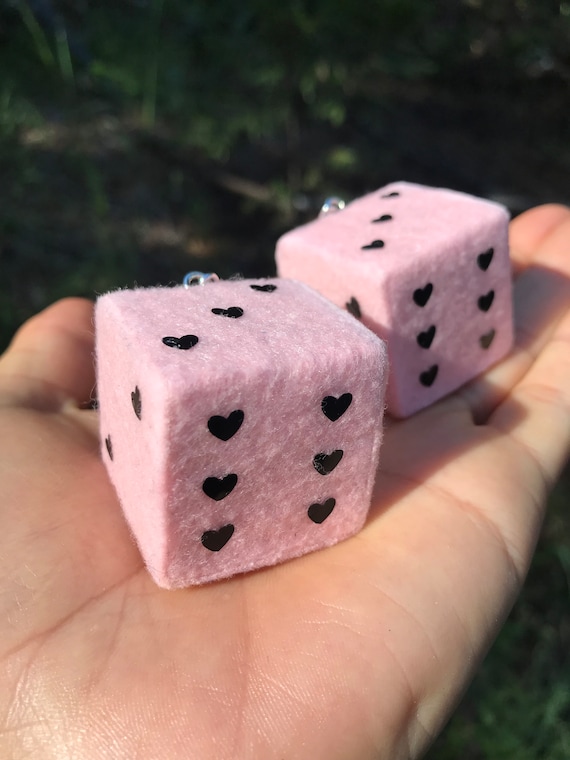 Baby Pink Fuzzy Dice With Black Hearts and Chain or Cord / Car Accessories,  Charms, Gift, Novelty, Mirror Danglers, Car Dice, Car Charm 