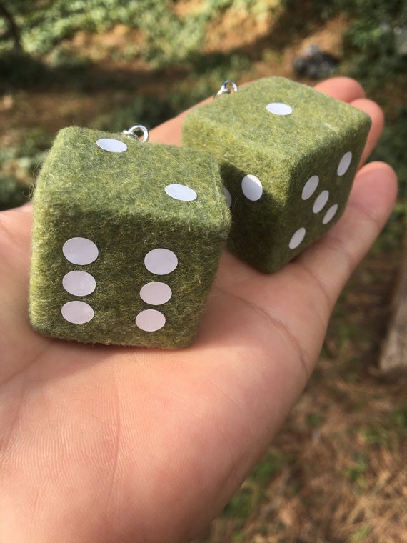 Olive Green Fuzzy Dice With White Dots and Chain or Cord / Car