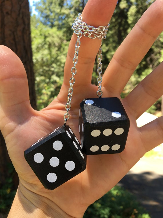 Black Fuzzy Dice With White Dots and Chain or Cord / Car