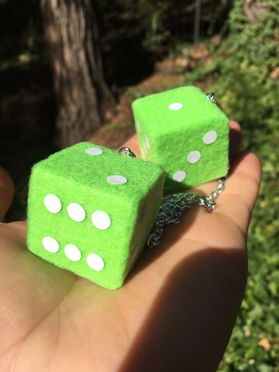 Neon Green Fuzzy Dice With White Dots and Chain or Cord Car