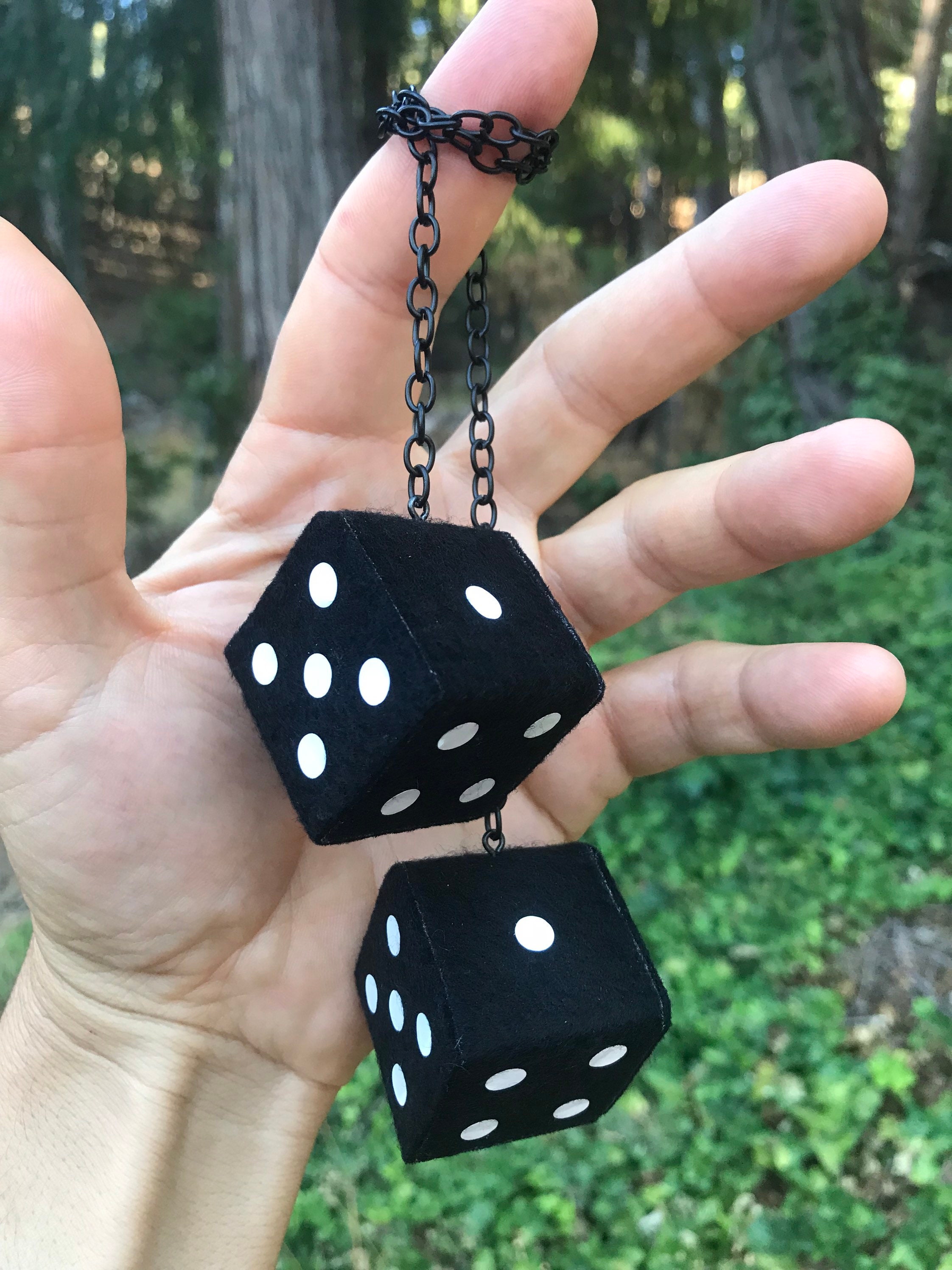 Black Fuzzy Dice With Metallic Gold Dots and Chain or Cord / Car Accessories,  Charms, Gift, Novelty, Mirror Danglers, Car Dice, Car Charm 