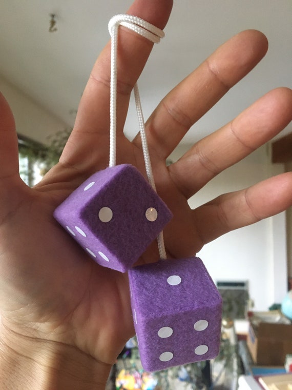 Lilac Fuzzy Dice With White Dots and Chain or Cord / Car Accessories,  Charms, Gift, Novelty, Mirror Danglers, Car Dice, Car Charm 