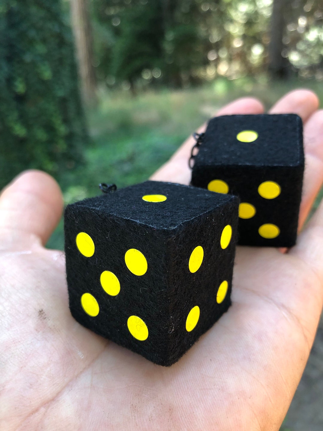 Black Fuzzy Dice With Yellow Dots and Chain or Cord / Car Etsy
