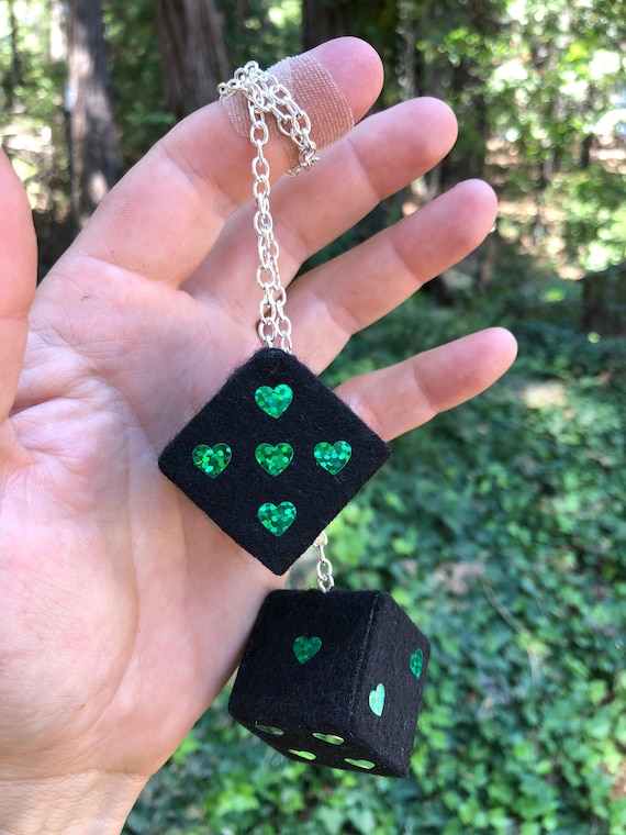 Black Fuzzy Dice With Green Sparkle Hearts and Chain or Cord / Car 