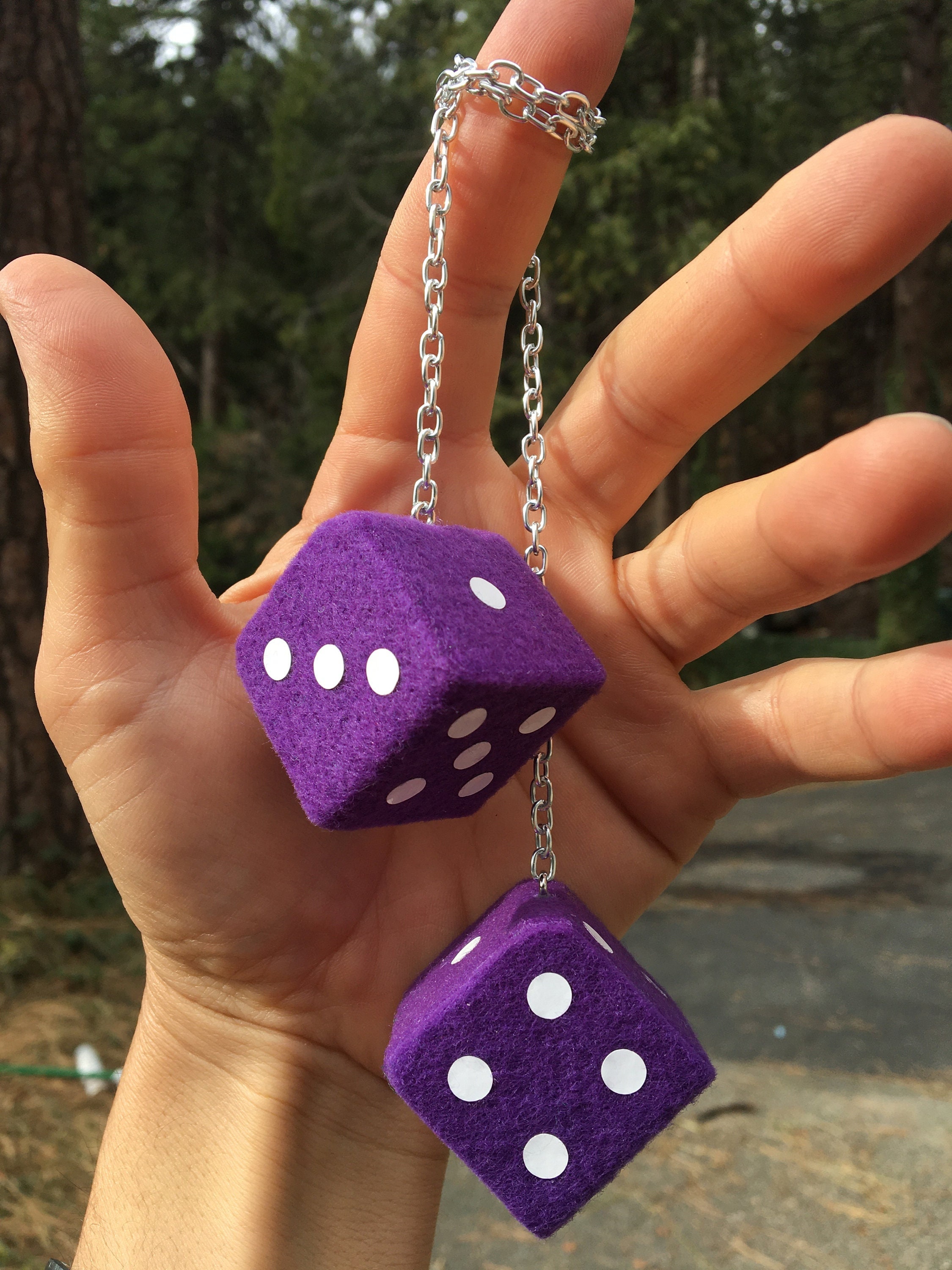 Royal Blue Fuzzy Dice With White Dots and Chain or Cord / 