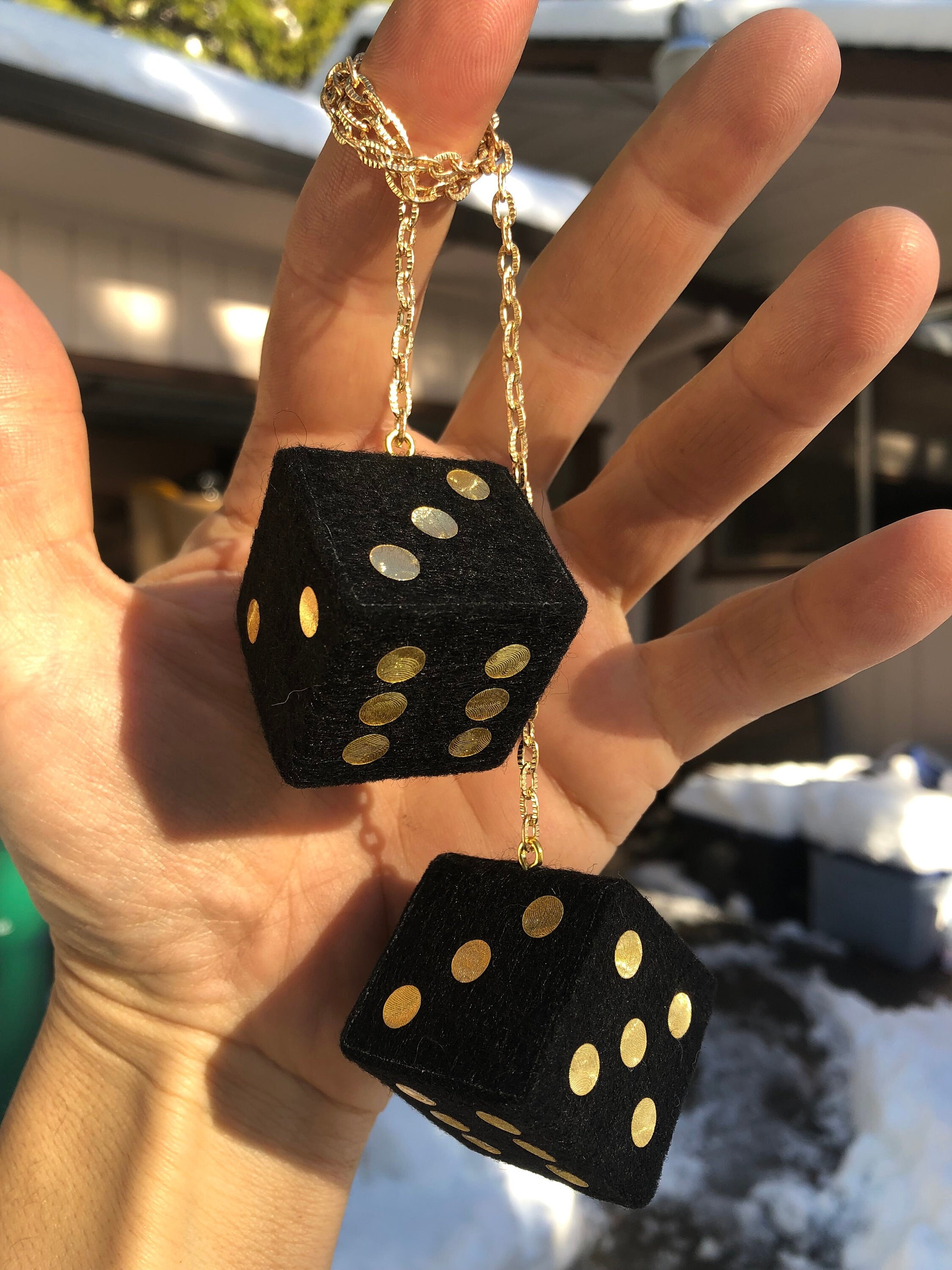 Black Fuzzy Dice With Metallic Gold Dots and Chain or Cord / Car  Accessories, Charms, Gift, Novelty, Mirror Danglers, Car Dice, Car Charm 