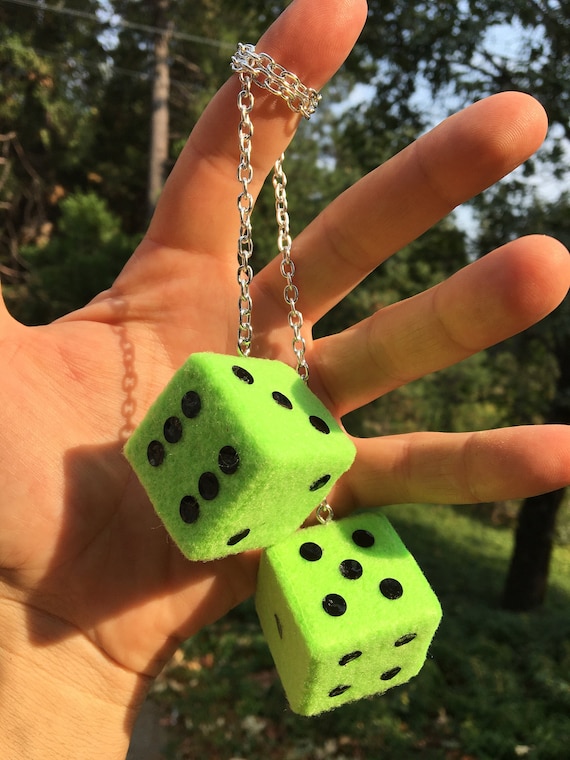 Royal Blue Fuzzy Dice With White Dots and Chain or Cord / 