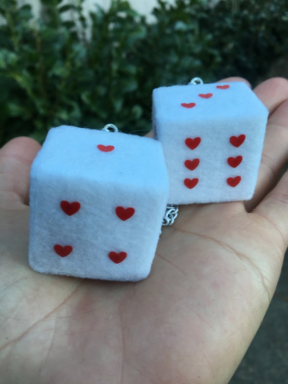 Red Fuzzy Dice with White Hearts and Chain or Cord / Car Accessories,  Charms, Gift, Novelty, Mirror Danglers, Red Car Accessories
