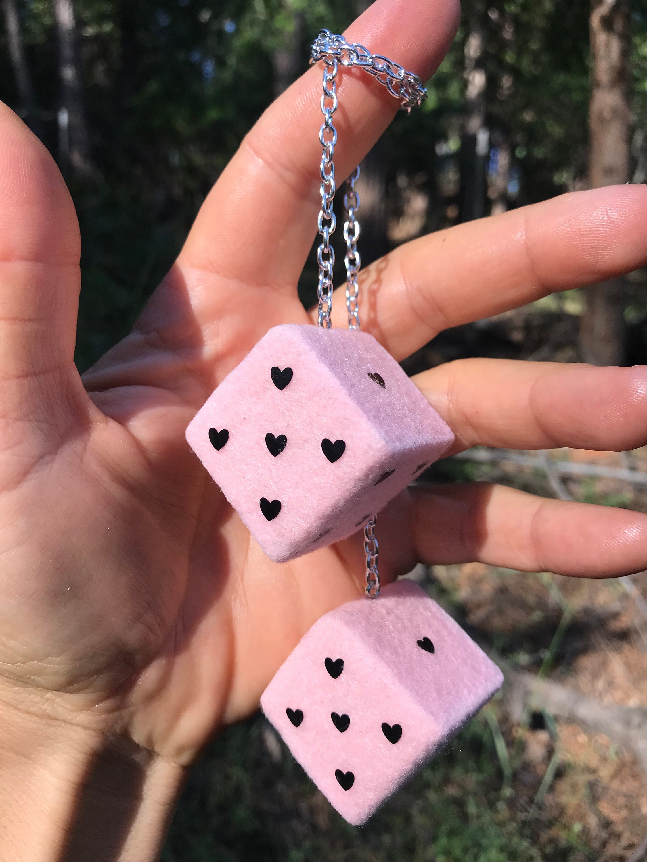 Baby Pink Fuzzy Dice With Black Hearts and Chain or Cord / Car