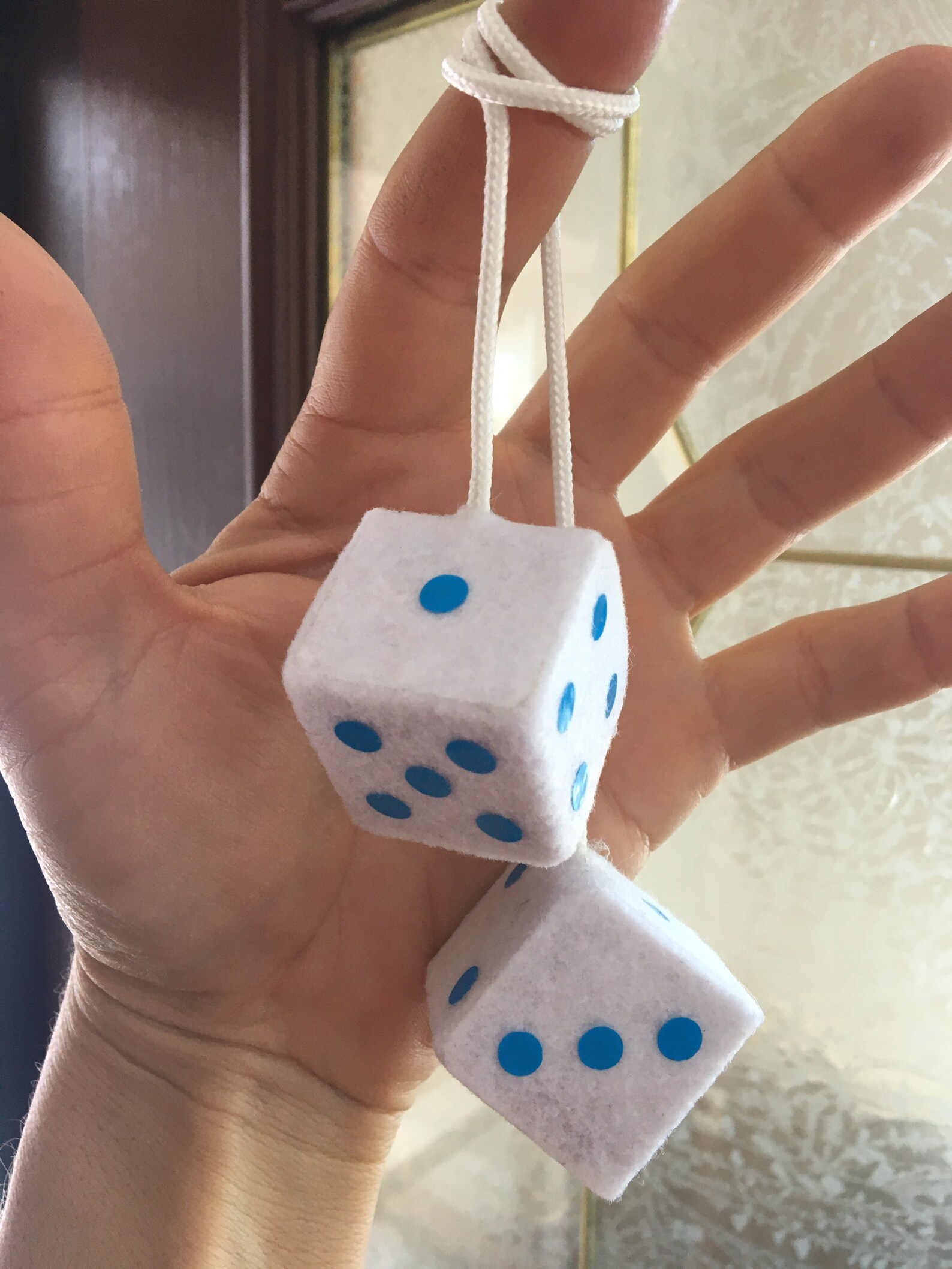 Neon Blue Fuzzy Dice With Black Dots and Chain or Cord Fuzzy Dice for