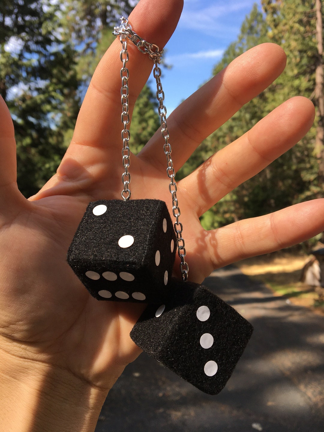 Black Fuzzy Dice With White Dots and Chain or Cord / Car Accessories