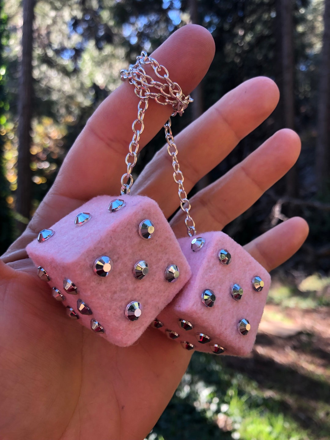 Baby Pink Fuzzy Dice With Silver Chrome Gems and Chain or Cord / Car