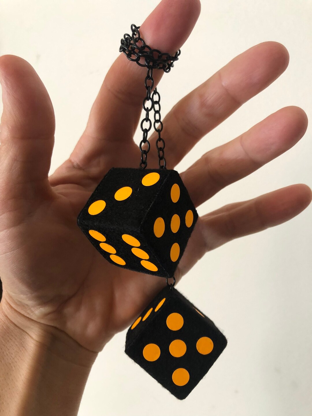 Black Fuzzy Dice With Neon Orange Dots and Chain or Cord / Car