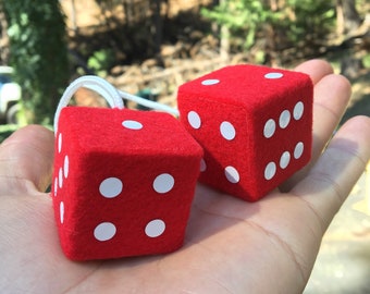 Red Fuzzy Dice with White Dots and Chain or Cord / Car Accessories, Charms, Gift, Novelty, Mirror Danglers, Red Car Accessories