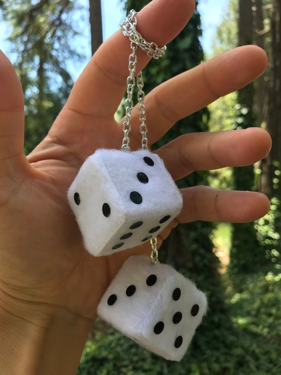 White Plush Fuzzy Dice With Black Dots and Chain or Cord / Car