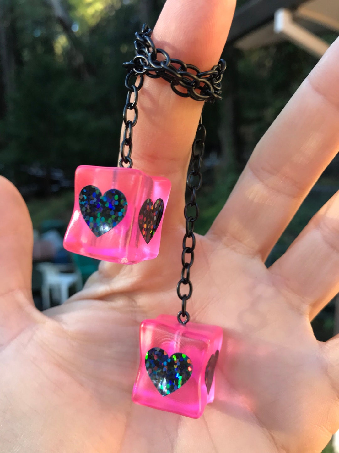 Hot Pink Ice Dice of Black Hearts Rear View Mirror Hangers New Product