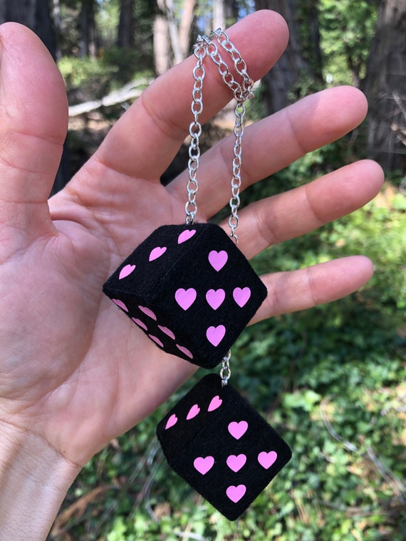 Black Fuzzy Dice With Pink Hearts and Chain or Cord / Car