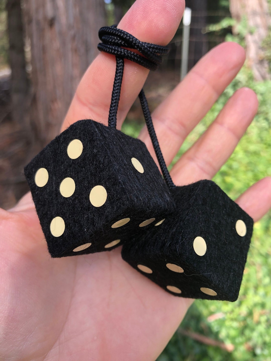 Black Fuzzy Dice With Ivory Dots and Chain or Cord / Car Accessories