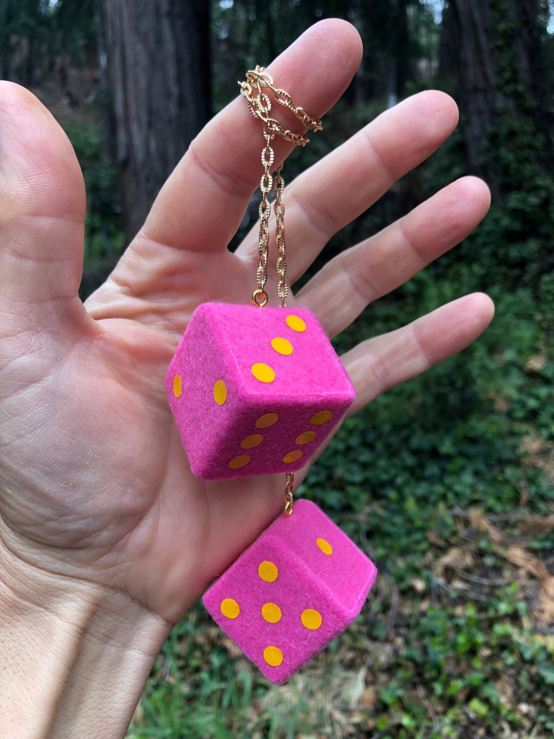 Candy Pink Fuzzy Dice With Golden Yellow Dots and Chain or Cord / Car