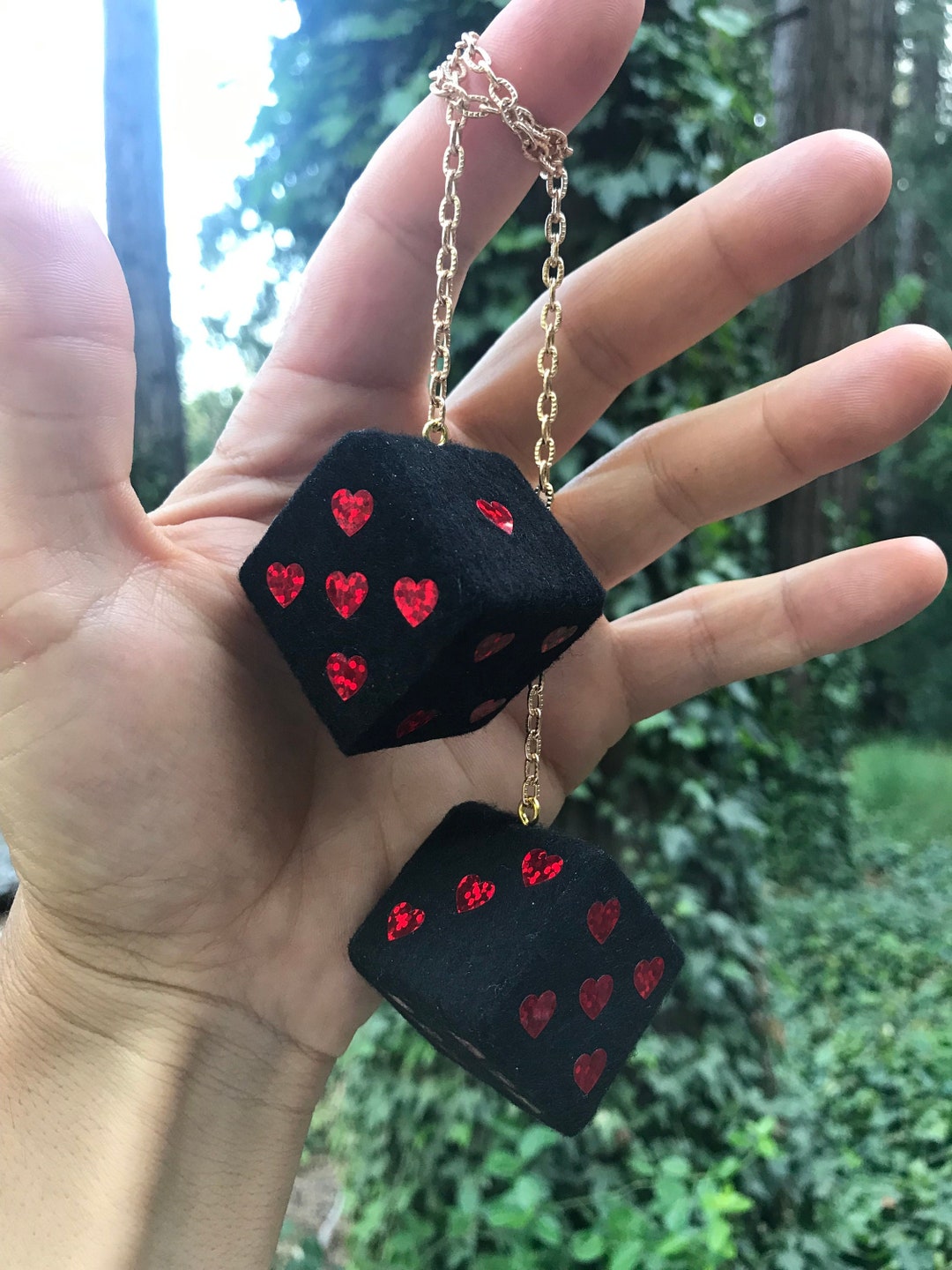Black Fuzzy Dice With Red Sparkle Hearts and Chain or Cord / Etsy