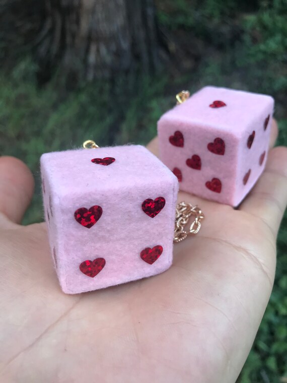 Red Fuzzy Dice with White Hearts and Chain or Cord / Car Accessories,  Charms, Gift, Novelty, Mirror Danglers, Red Car Accessories