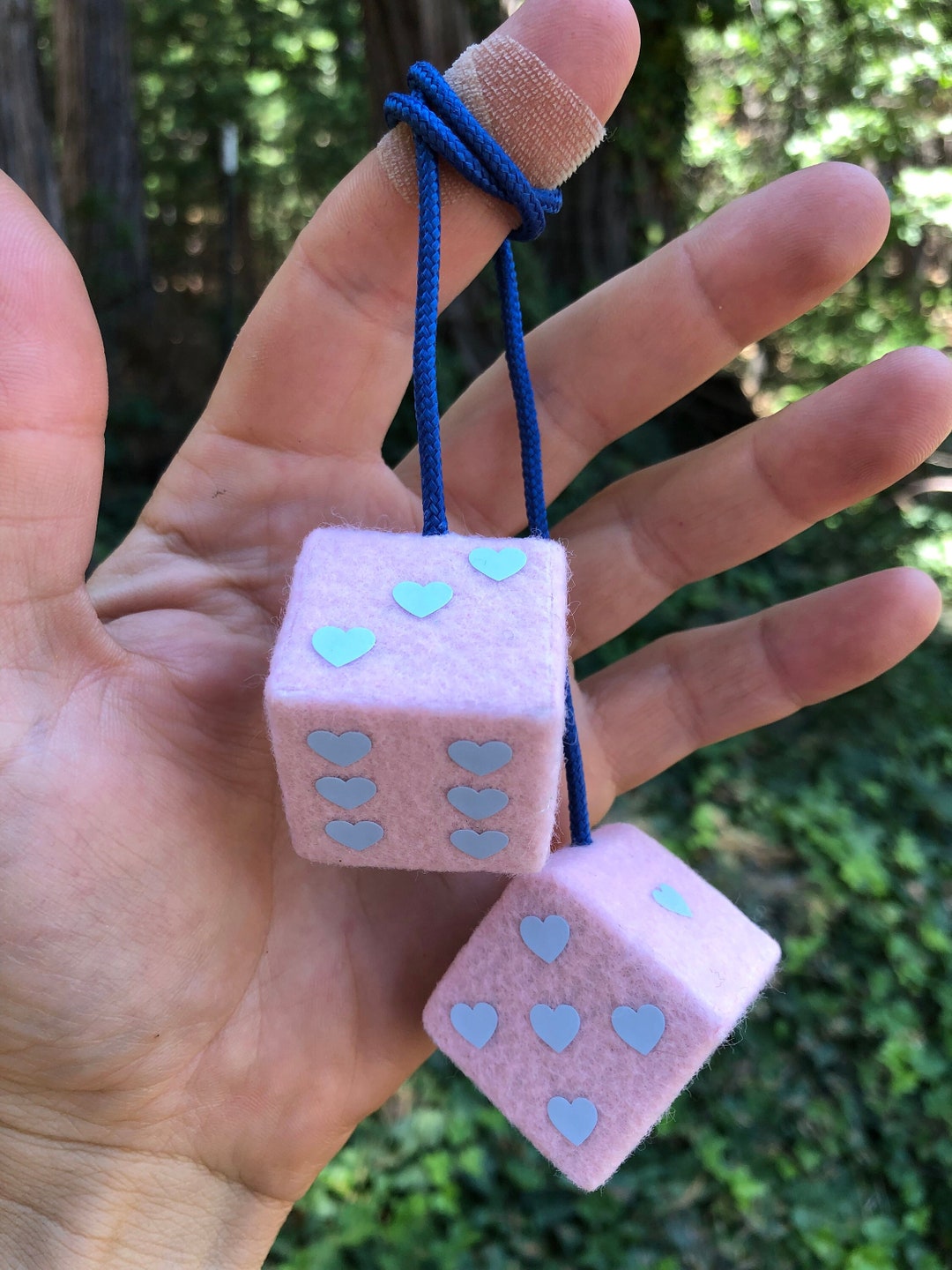 Baby Pink Fuzzy Dice With Baby Blue Hearts and Chain or Cord / Car