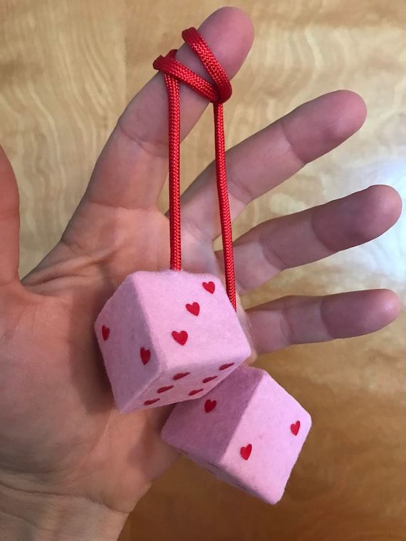 Baby Pink Fuzzy Dice With Red Hearts and Chain or Cord / Car