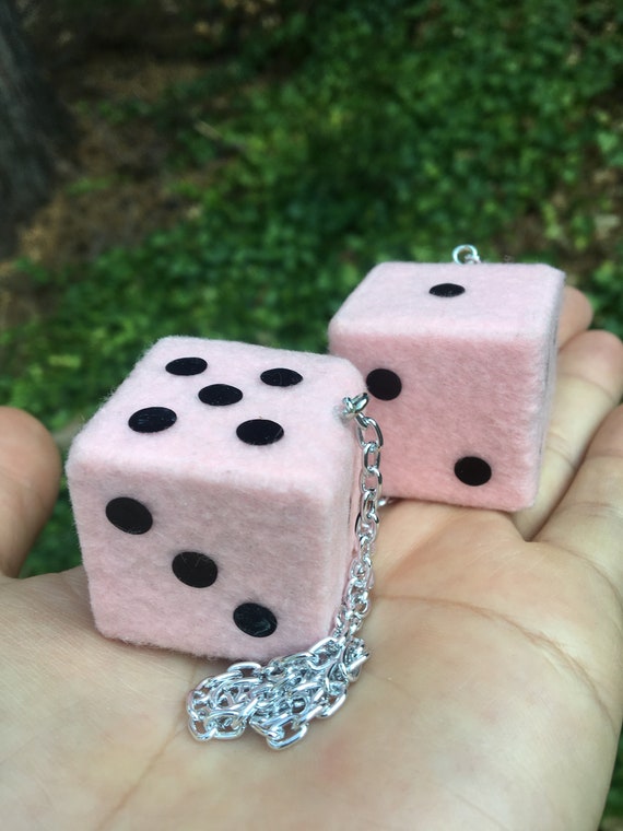 Baby Pink Fuzzy Dice With Red Hearts and Chain or Cord / Car