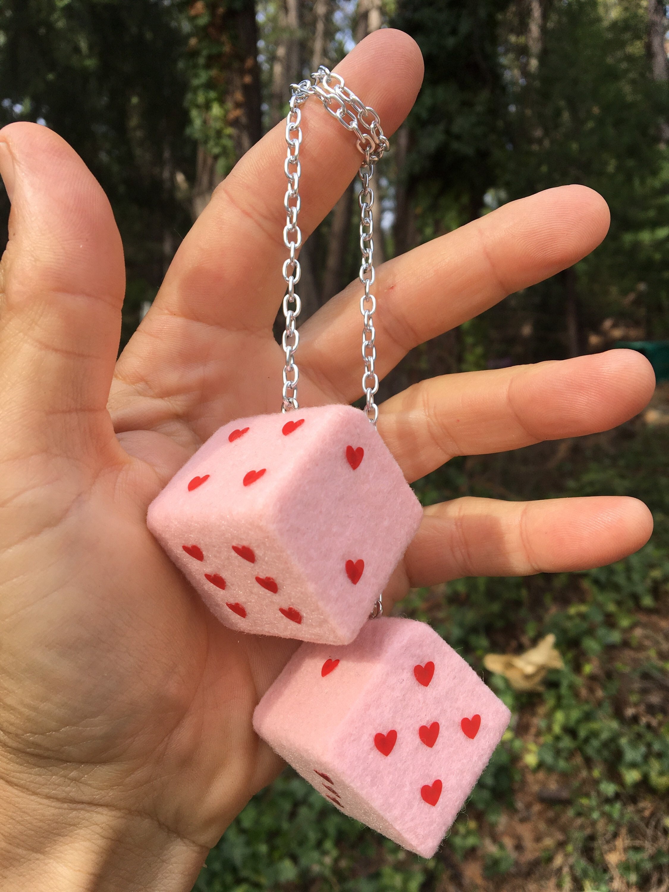 Baby Pink Fuzzy Dice With Red Hearts and Chain or Cord / Car