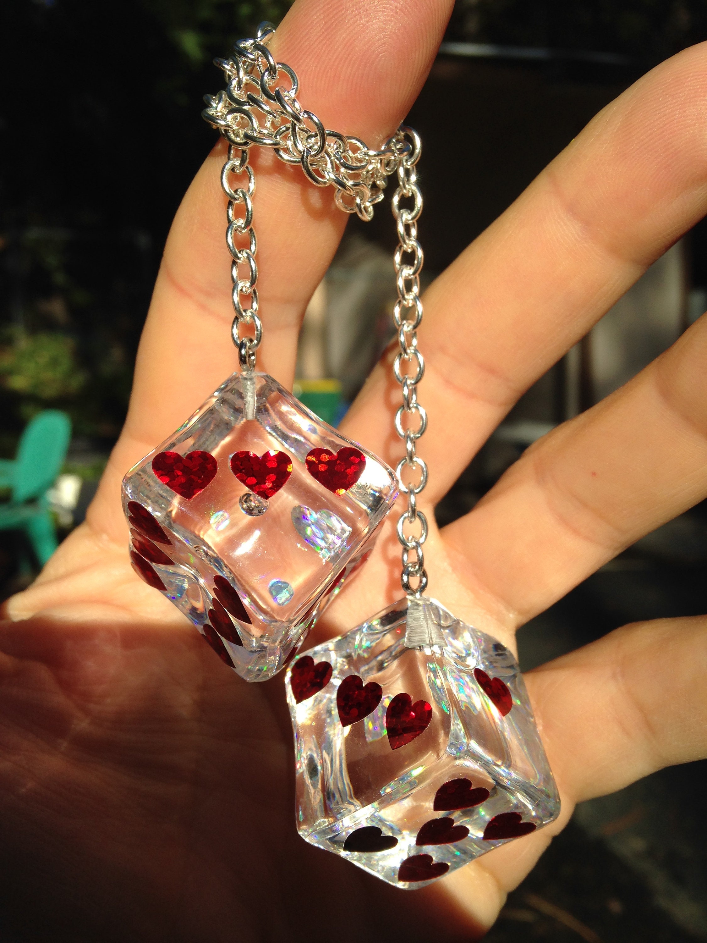 Ice Cube Rear View Mirror Hangers With Red Sparkle Hearts and Chain or