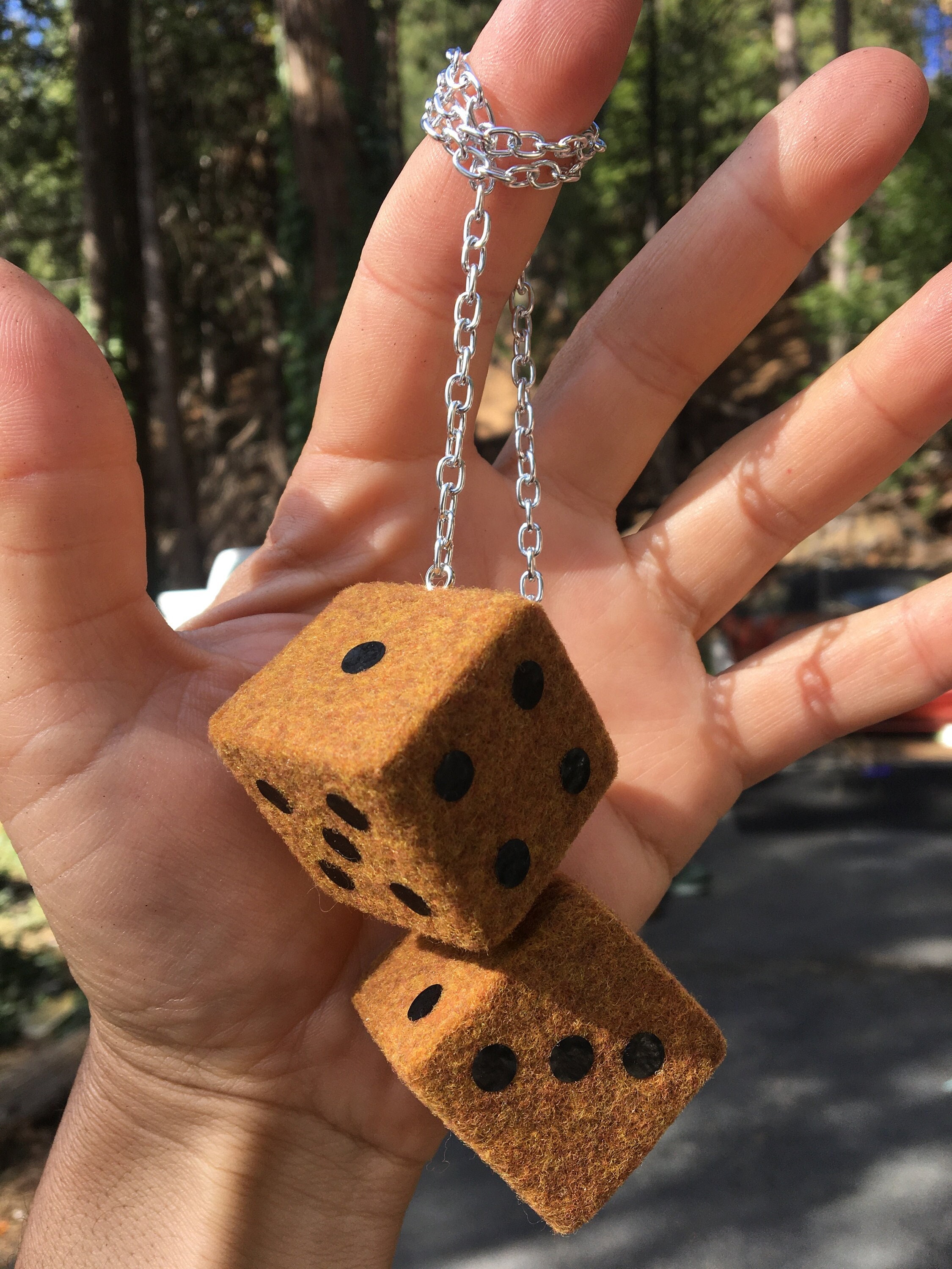 Copper Canyon / Brown Fuzzy Dice With Black Dots and Chain or Cord