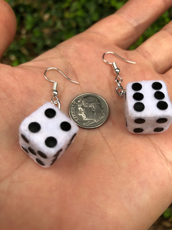 Mini White Fuzzy Dice Dangle Earrings With Black Dots Retro