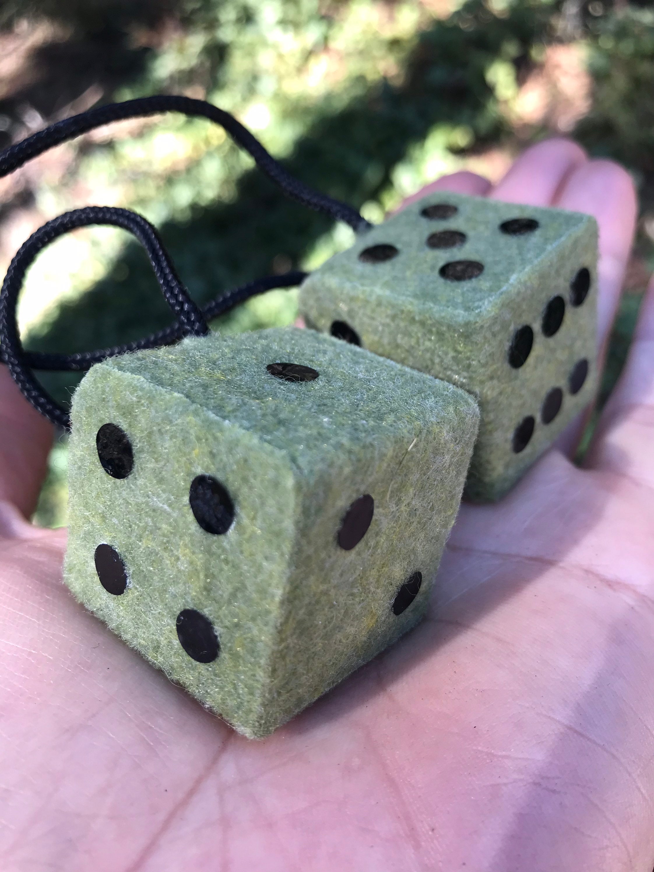 Olive Green Fuzzy Dice With Black Dots and Chain or Cord / Car Accessories,  Charms, Gift, Novelty, Mirror Danglers, Car Dice, Car Charm 