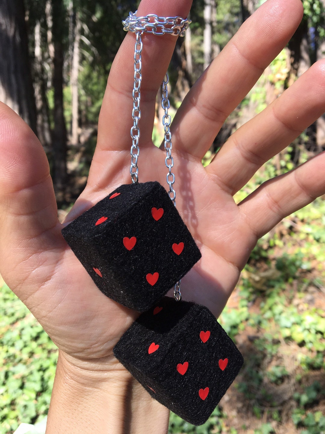 Black Fuzzy Dice With Red Hearts and Chain or Cord / Car Accessories