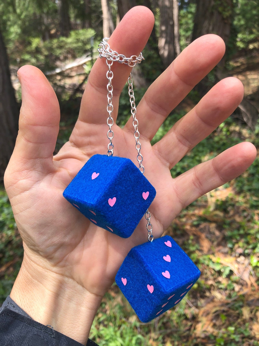 Neon Blue Fuzzy Dice With Pink Hearts and Chain or Cord / Car Accessories, Charms, Gift, Novelty