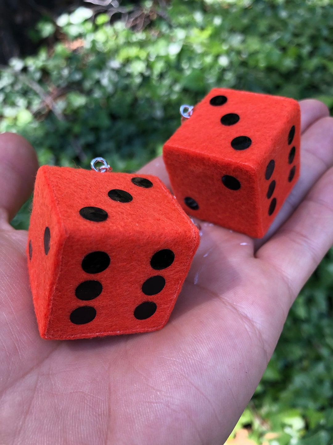 Orange Fuzzy Dice With Black Dots and Chain or Cord / Car Accessories