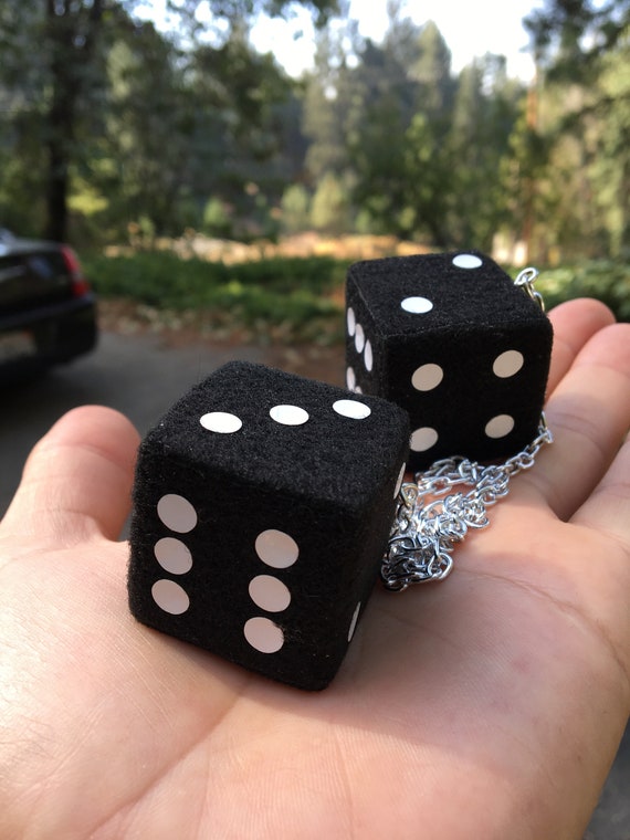Black Fuzzy Dice With White Dots and Chain or Cord / Car