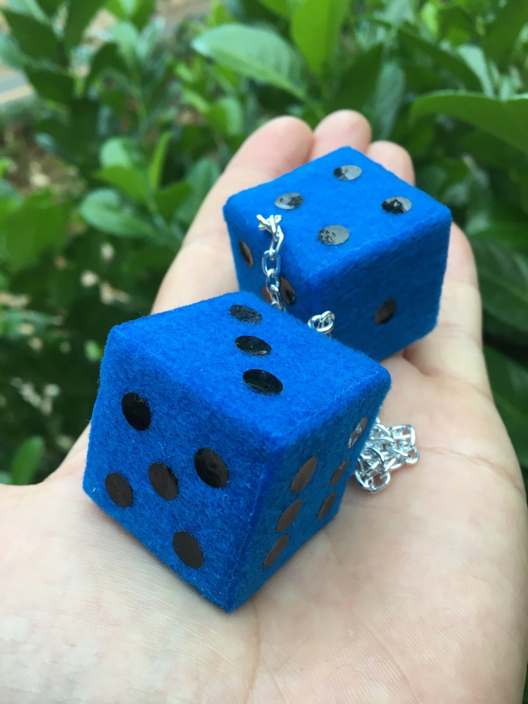 Neon Blue Fuzzy Dice With Black Dots and Chain or Cord Fuzzy Dice for