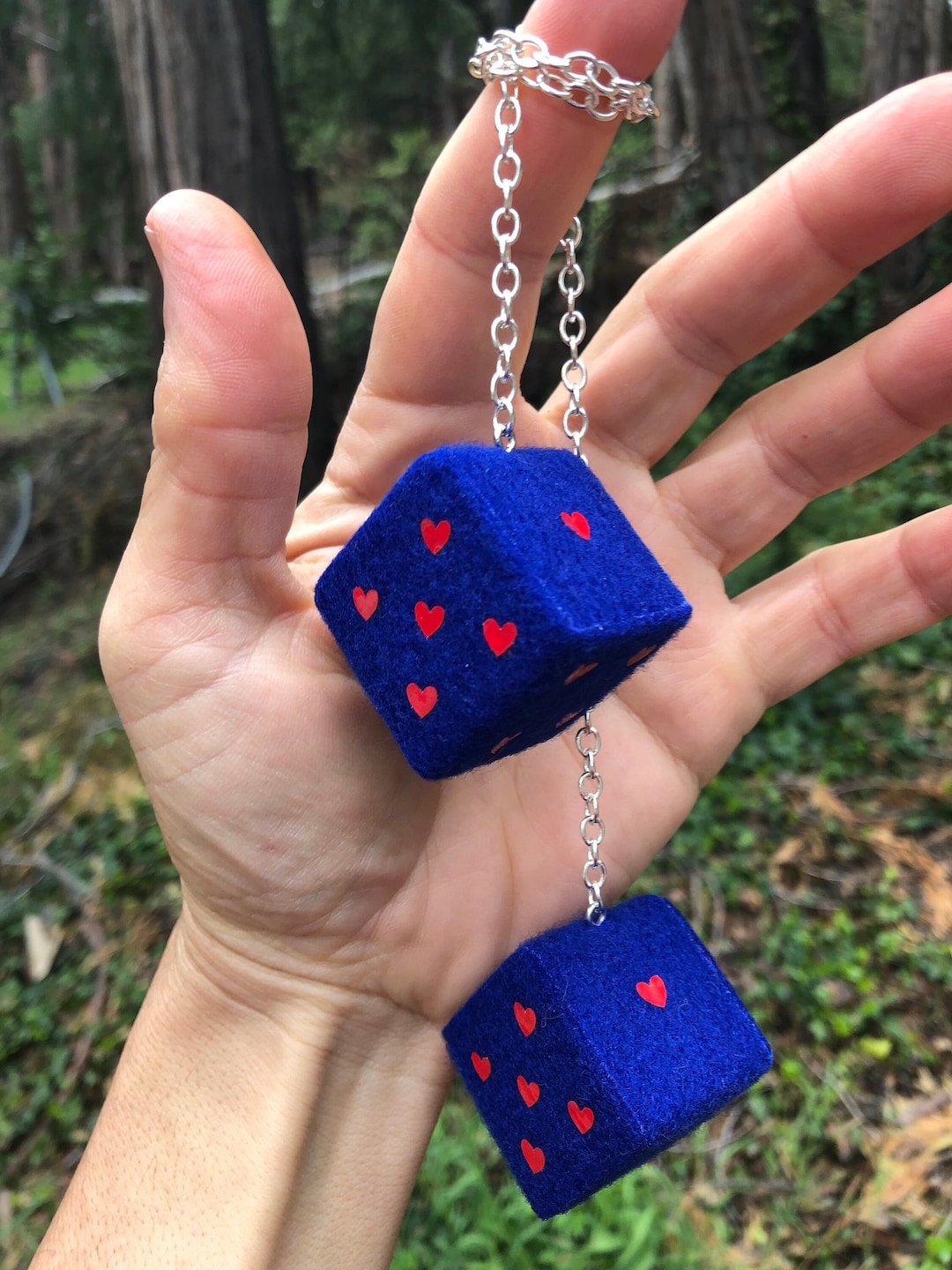 Royal Blue Fuzzy Dice With Red Hearts and Chain or Cord / Car