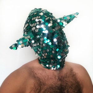Silver and green sequin mask, Full Face Mask, Handmade Full Coverage Haute Couture Mask