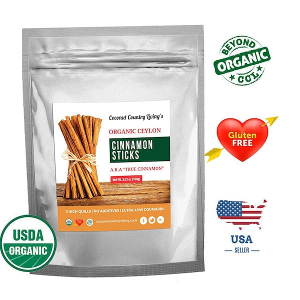 Organic Ceylon Cinnamon Sticks 3.5 oz Fairtrade, Freshly Harvested in Ceylon w/E-BOOK