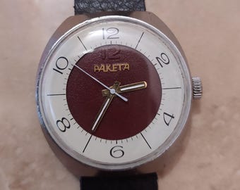 Vintage watch, brand Raketa, rare mechanical wrist watch, USSR Made 1970s