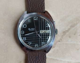 Vintage horlogemerk Slava Sovjet mechanisch herenhorloge, DAY/DATA, made in USSR 1980&#39;s