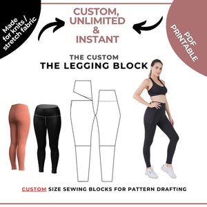 Custom Size Leggings Sewing Pattern Block, Made-to-Measure High Waist legging PDF sewing Pattern,  Custom Size Knit Activewear PDF Pattern