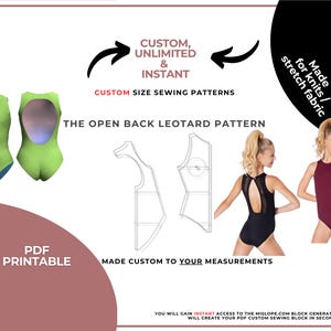 Puede incluir: La imagen presenta un maillot verde y azul con la espalda abierta, diagramas de patrones de costura y dos chicas con maillots. El texto incluye "Custom, Unlimited & Instant" y "The Open Back Leotard Pattern". Promociona patrones de costura de talla personalizada para tejido de punto y elástico.