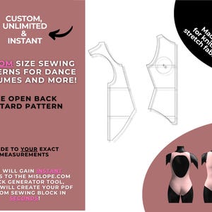以下が含まれることがあります： 画像には、ピンクと白のオープンバックレオタードパターンが表示され、「ダンスコスチュームなどのカスタムサイズ縫製パターン！」と「正確な測定値に合わせて作られています」というテキストが表示されています。 2つのレオタードモックアップも表示されます。