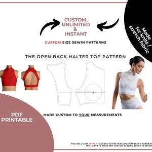 Puede incluir: Un patrón de costura digital para un top halter de espalda abierta. El patrón está hecho para tejidos de punto y se puede personalizar a tus medidas. La imagen muestra un top halter rojo y un top halter blanco, así como las piezas del patrón.