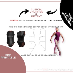 Pode incluir: Um download digital para um bloco de costura de base elástica de uma peça com uma pinça lateral, de tamanho personalizado. O bloco é projetado para tecidos de malha e está disponível em formato PDF. A imagem mostra uma ilustração em preto e branco do bloco, bem como uma modelo que usa um collant roxo.